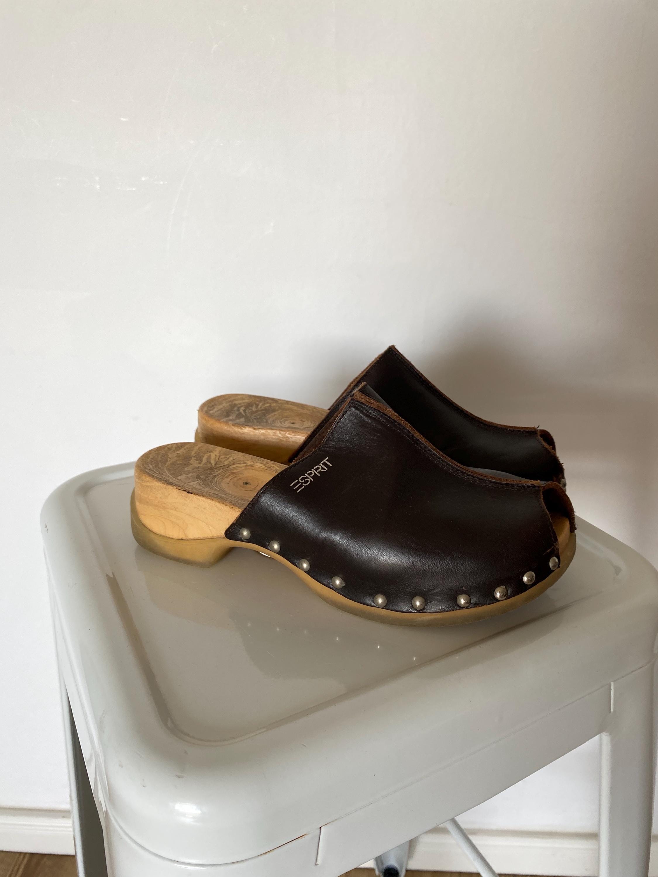 Vintage classic clogs mules | Genuine leather wood | Leather shoes | Wooden clogs |
