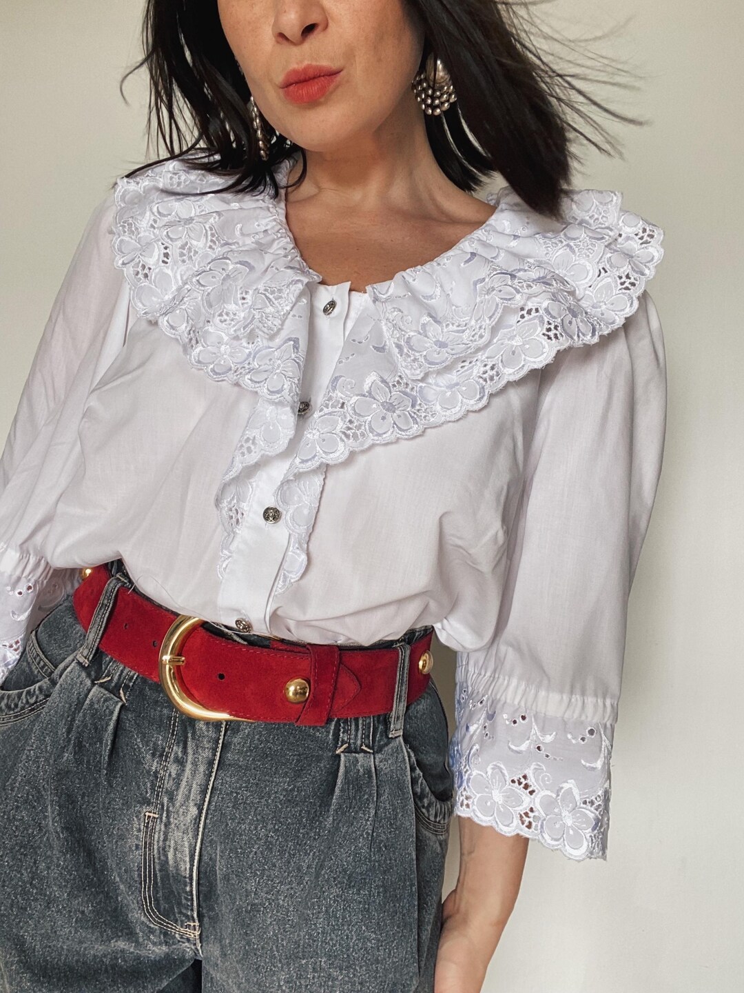 Vintage 90s Blouse | Ruffled Blouse | Dindrl Top With Puff Sleeves ...