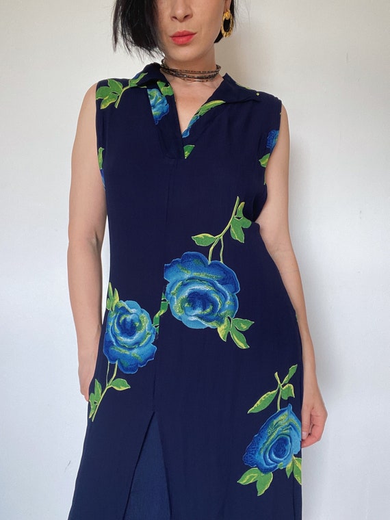90s style summer dresses Vintage Dress | Floral Print | Maxi Dress | 100% Viscose | Dress | Unique | Sustainable Fashion Size:Size 5T-6 Blue Dresses Bachelorette Sleeve Type_Spaghetti Straps