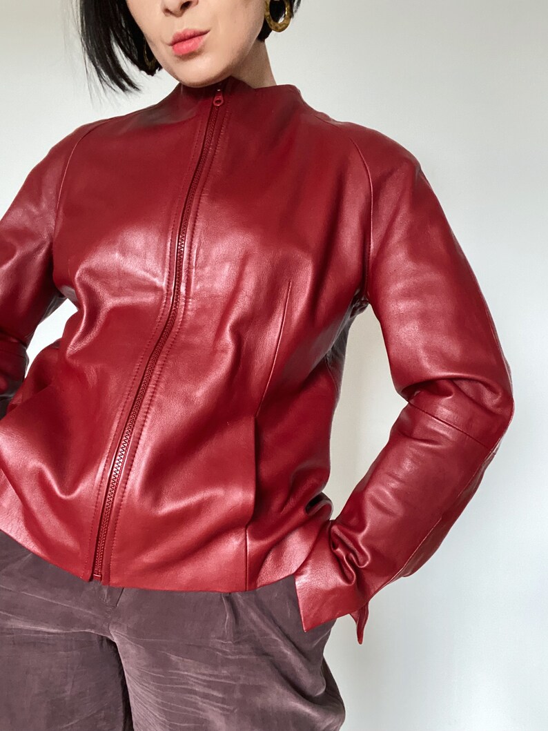 Vintage Y2K leather jacket 80s Unique sustainable fashion 90s Genuine Leather red leather jacket image 5