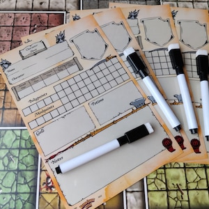 May include: Character sheets and dry-erase markers for tabletop role-playing games. The sheets feature spaces for character details and stats. Four white markers with black caps and erasers are included. The sheets are tan with black and red accents.