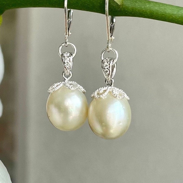 Pearl earrings with zircons/Large pearl dangle earrings/Freshwater pearl dangle earrings in sterling silver/Real pearl earrings in silver