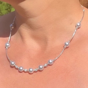 Pearl and zirconia necklace in silver/Blue japanese pearl necklace/Akoya pearl necklace in silver/Blue pearl necklace in sterling silver