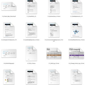 Könnte beinhalten: Eine Sammlung digitaler Dokumente, darunter PDFs, DOCX-, PPTX- und XLSX-Dateien. Die Dokumente behandeln Themen des Projektmanagements, mit Titeln wie "Project Brief", "Business Case" und "Risk Management Approach".