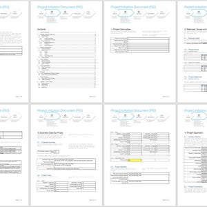 Può includere: Una raccolta di otto pagine bianche di un Documento di Avvio del Progetto (PID). Ogni pagina presenta il titolo "Project Initiation Document (PID)" in alto, insieme a un diagramma. Le pagine contengono testo e tabelle.