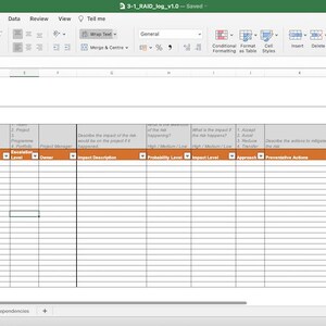 May include: Screenshot of a Microsoft Excel spreadsheet labelled "RAID Log Risks." The spreadsheet features a table with columns for data including "Risks," "Impact," and "Actions." The top of the spreadsheet displays a menu bar with various options.