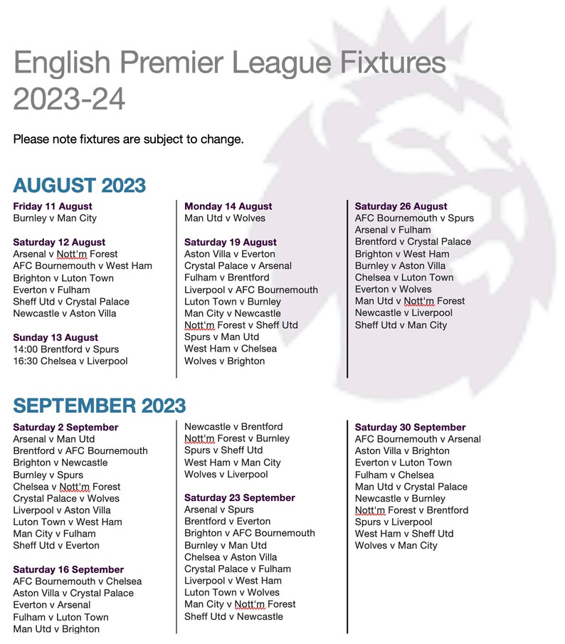 Football Fixtures, English Premier League 2023/24 (Download Now) Etsy