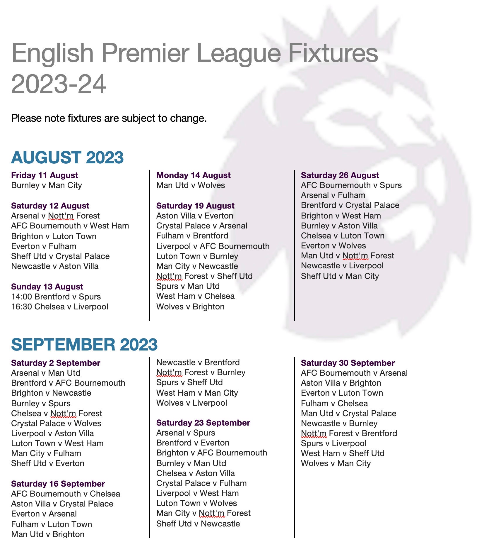 Football Fixtures, English Premier League 2023/24 (Download Now) Etsy
