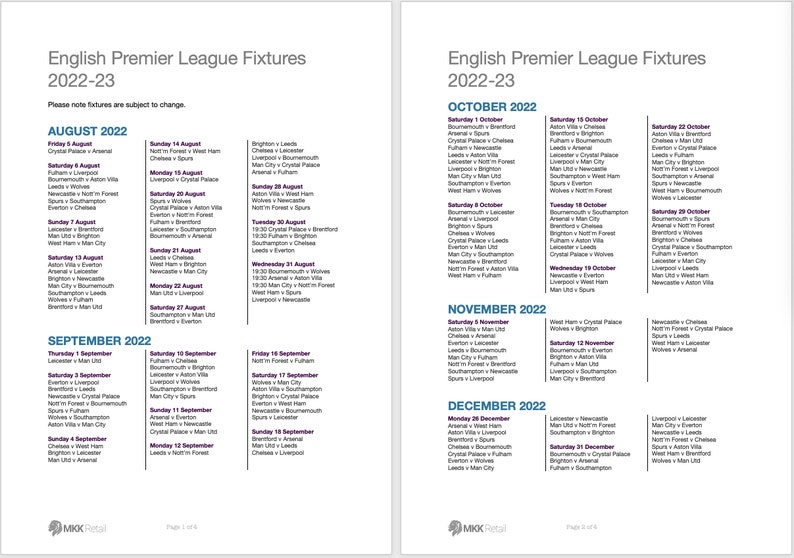 Football Fixtures English Premier League 2022/23 Etsy