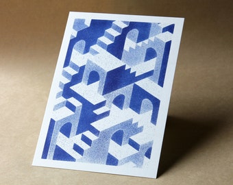 Riso print A5 · Geometrische architectuurillustratie · Optische illusie in Escher-stijl · Muurkunst met minimalistisch patroon · Gelimiteerd en gesigneerd