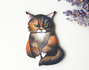 Broche en bois pour chat Tortie Broche en bois pour chat en colère Chat tricolore Noir Orange Chat blanc Chat porte-bonheur