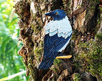 Raven Сrow wood pin gray black wooden pin