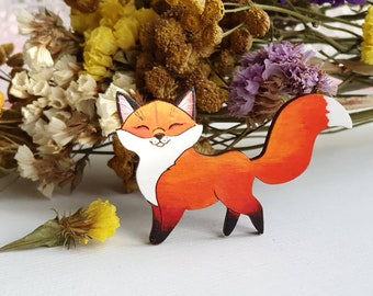 Cute wood pin smiling fox wooden brooch Lapel pin Wildlife Gift for animal lover