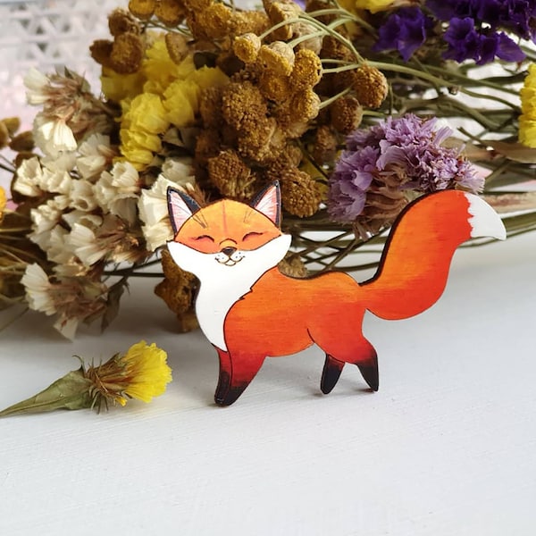 Cute wood pin smiling fox wooden brooch Lapel pin Wildlife Gift for animal lover