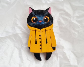 Cat in a yellow raincoat Wood pin Cute cat in a yellow cloak Wood brooch Hand painted Сat with glasses Scientist cat