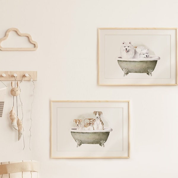 Dogs in the Bath Tub Print | Watercolour Dogs Poster | Kids Bathroom Art Wall | Cute Watercolor Dogs Taking Bath | Kids Room Art Printable