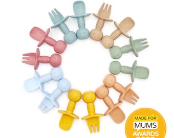 Cubiertos de entrenamiento de silicona para bebés / Tenedor de cuchara de silicona / Esenciales para el destete / Juego de cubiertos para bebés / Grado alimenticio / Destete LED para bebés / Sujeción fácil
