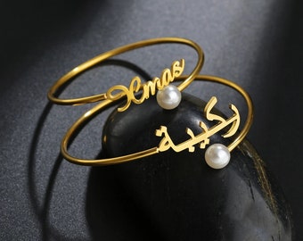 Nombre personalizado personalizado Beads Bangle para mujeres Acero inoxidable Regalo de joyería de brazalete de amor abierto personalizado
