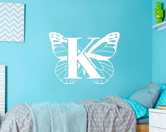 Letter K Wall Decal, Kids Room Name Large Vinyl Sticker, Butterfly Nursery Mural Art Decoration Removable Wall Peel And Stick Wall Decal