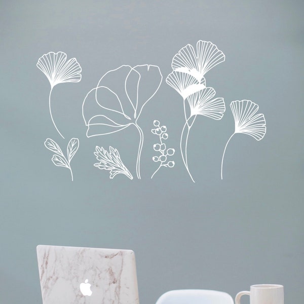 Plant Wall Decal, Botanical Floral Large Vinyl Sticker, Ginkgo Leaf Mural Art Decoration Removable Wall Prints Peel And Stick Wall Decal
