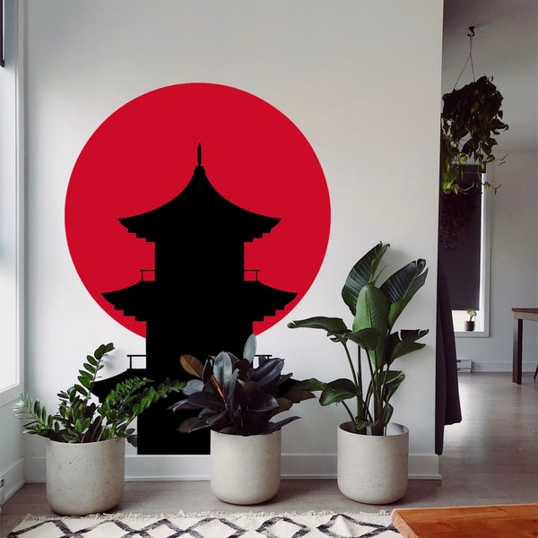 Pagoda Asian Building Wall Decal, Japanese Sun Large Vinyl Sticker, Chinese Modern Mural Art Decoration Removable Peel And Stick Wall Decal