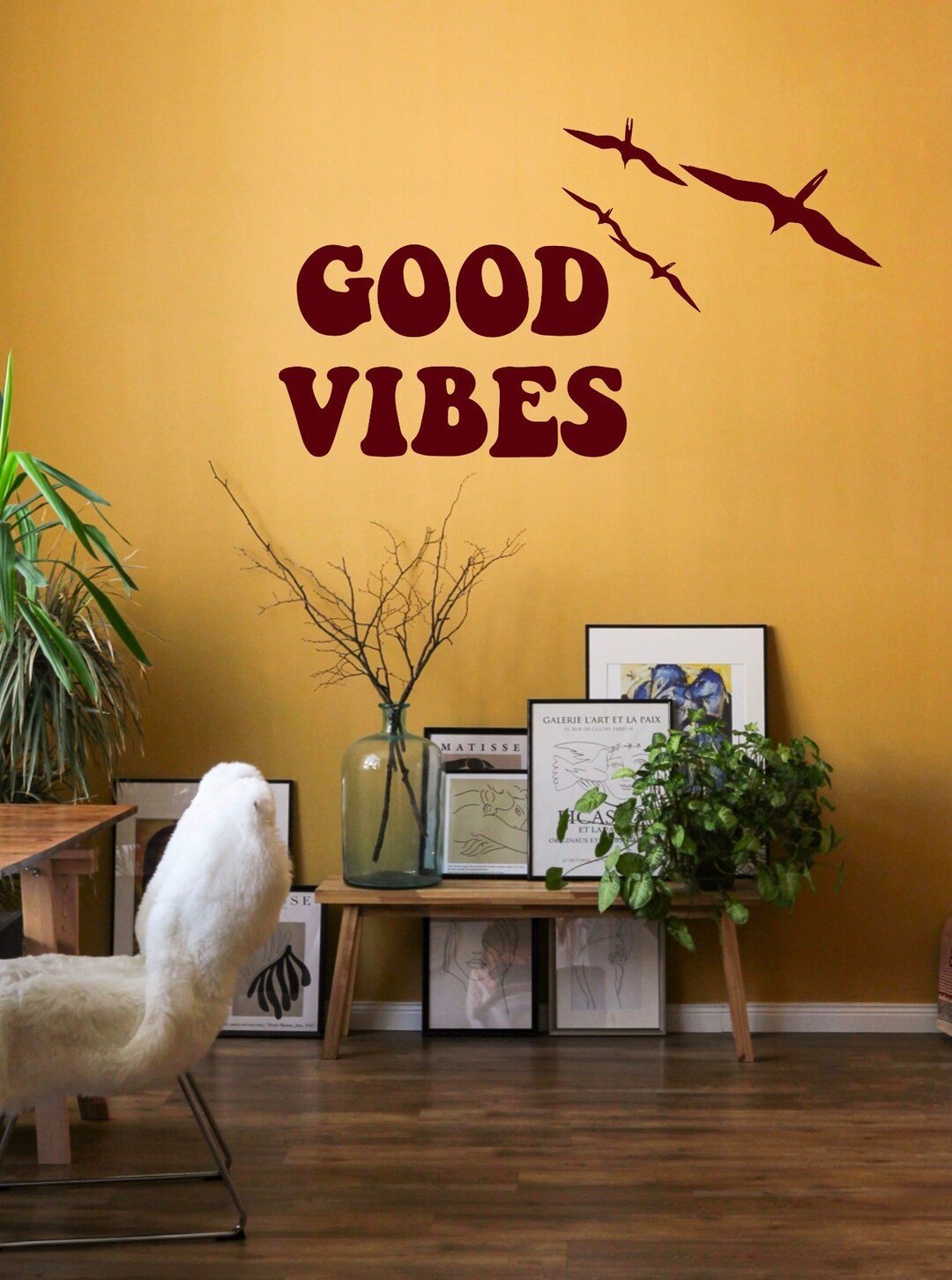 Good Vibes Wall Decal, Boho Quote Large Vinyl Sticker, Hippie Modern
