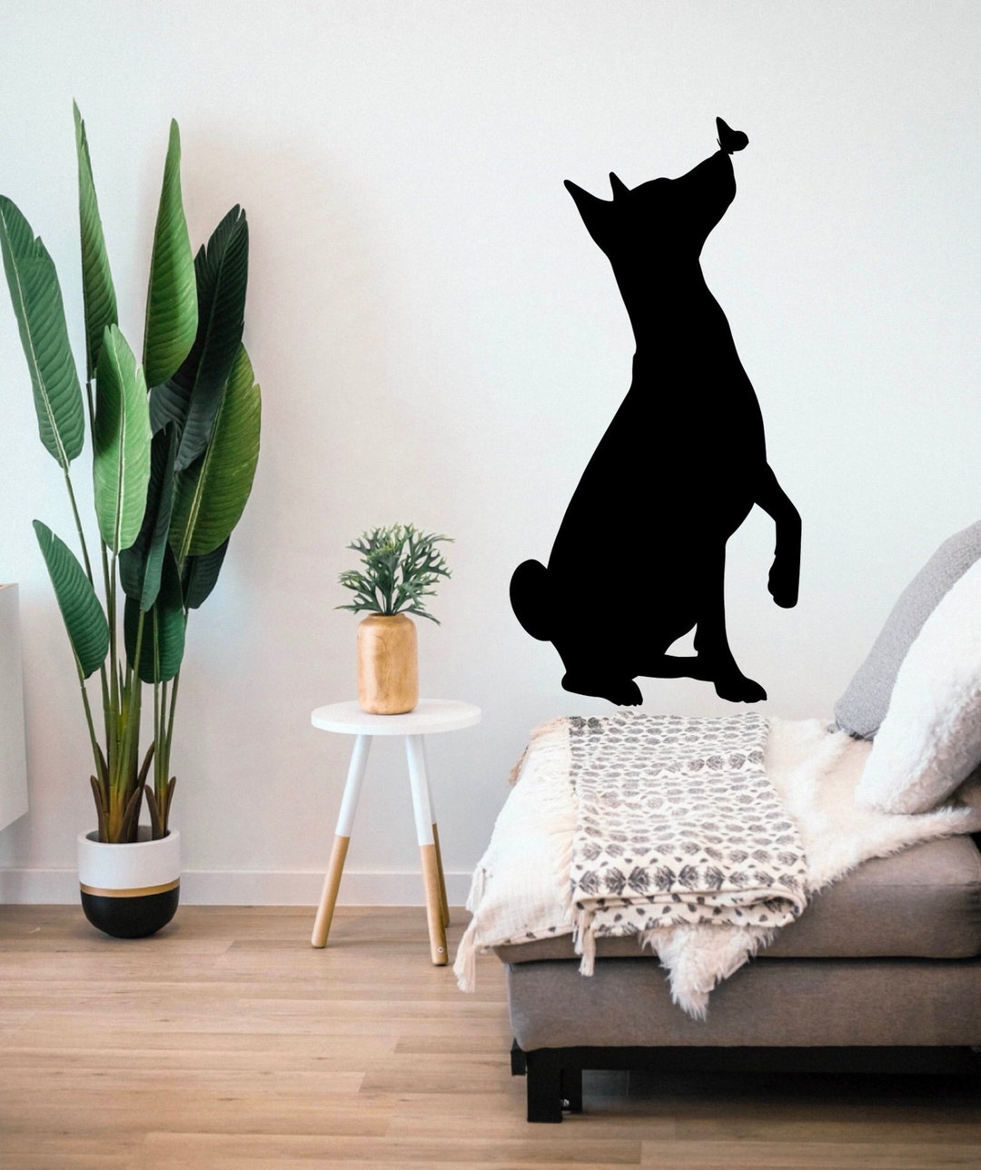 Dog Silhouette Wall Decal, Pet Large Vinyl Sticker, Butterfly Mural Art
