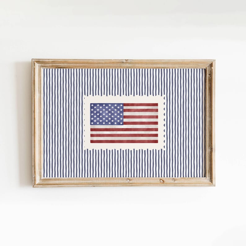 Vintage USA Flag Blue Striped Print, Retro Americana Decor, Patriotic Poster, Fourth of July Decor, Independence Day Decor