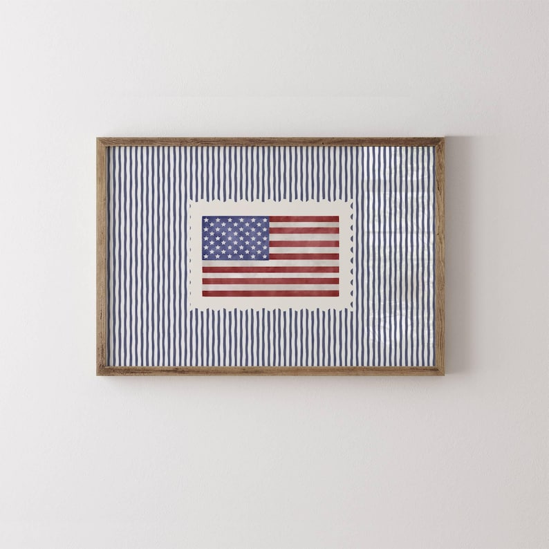 Vintage USA Flag Blue Striped Print, Retro Americana Decor, Patriotic Poster, Fourth of July Decor, Independence Day Decor