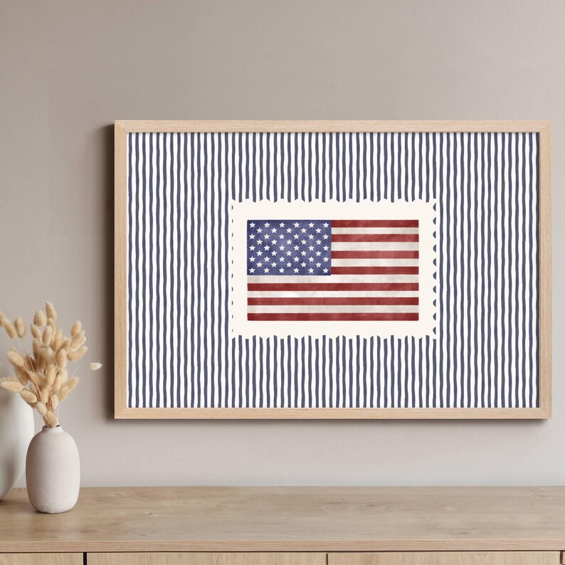 Vintage USA Flag Blue Striped Print, Retro Americana Decor, Patriotic Poster, Fourth of July Decor, Independence Day Decor