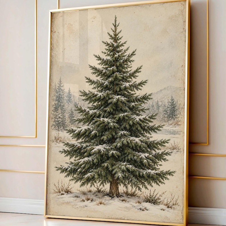 Rustic Spurce Tree Vintage Snowy Christmas Tree Wall Art, Rustic Evergreen Holiday Poster ...