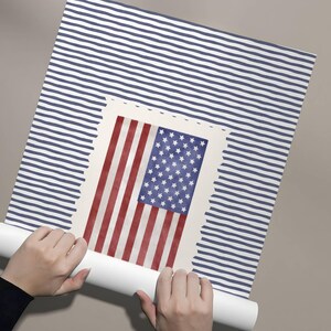 Vintage USA Flag Blue Striped Print, Retro Americana Decor, Patriotic Poster, Fourth of July Decor, Independence Day Decor