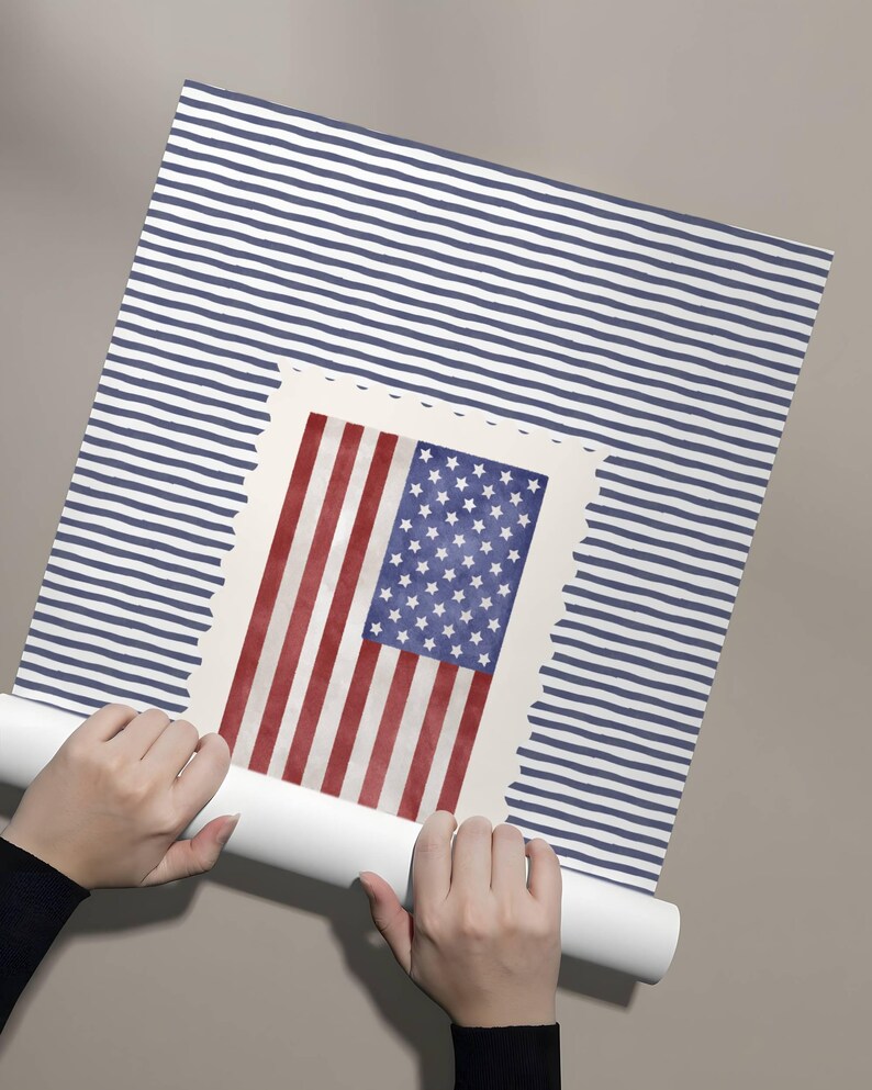 Vintage USA Flag Blue Striped Print, Retro Americana Decor, Patriotic Poster, Fourth of July Decor, Independence Day Decor