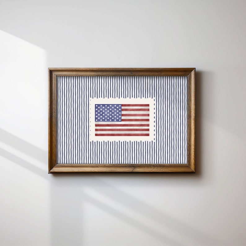 Vintage USA Flag Blue Striped Print, Retro Americana Decor, Patriotic Poster, Fourth of July Decor, Independence Day Decor