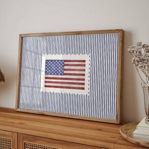 Vintage USA Flag Blue Striped Print, Retro Americana Decor, Patriotic Poster, Fourth of July Decor, Independence Day Decor