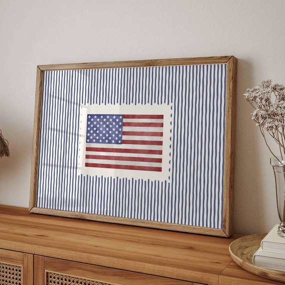 Vintage USA Flag Blue Striped Print, Retro Americana Decor, Patriotic Poster, Fourth of July Decor, Independence Day Decor