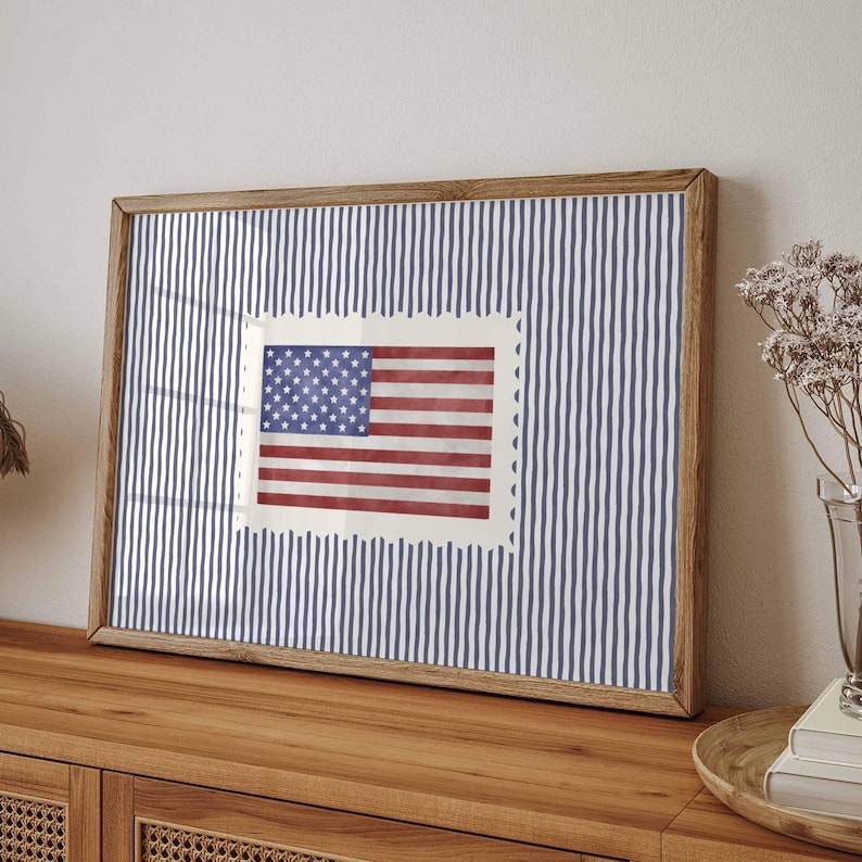 Vintage USA Flag Blue Striped Print, Retro Americana Decor, Patriotic Poster, Fourth of July Decor, Independence Day Decor