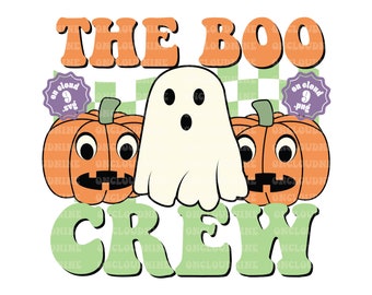 May include: A Halloween-themed graphic with the text "THE BOO CREW". The design features a friendly ghost, two orange pumpkins with smiling faces, and a green and white checkered background. The text is in orange and green.