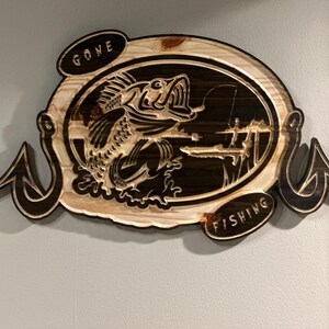 Gone Fishing Plaque 3 vcarve pro, vcarve desktop, crv, svg, dxf, pdf, glowforge, gcode, matning och hastighet för CNC-gravering.