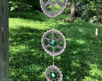Upcycled Bike Gears and Chain Mobile With Turquois Dyed Howlite or Chain Link, Wall Art, Patio Decor, Garden Art, Yard Art