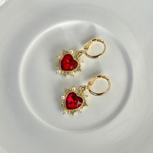 14k Gold Plated Huggie Hoop Earrings with Ruby Red Heart Gemstone Charms