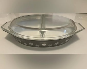 Vtg Pyrex Black White Snowflake Oval Divided Casserole Lid Baking Dish 1 1/2 Qt