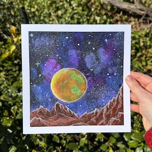 Galactic View | 8x8 Cosmic Landscape Art Print | Dreamy Outer Space Illustration | Colorful Planet and Stars Wall Art | Space Decor