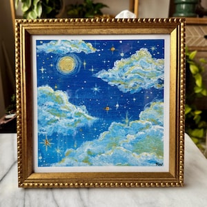 Celestial Night Sky Art Print | 8x8" Starry Sky and Moon Clouds Painting | Dreamy Galaxy Wall Art | Square Space Decor | Gift for Stargazers