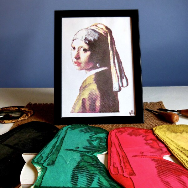 Tableau moderne , cmyk halftone , estampe moderne en quadrichromie , impression artisanale , pop-art , Vermeer.