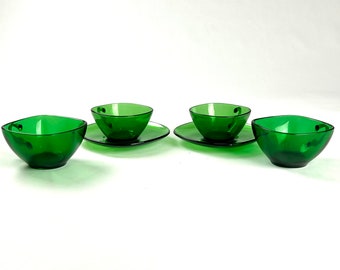 Set of 6 Green Mid Century Modern Vereco Glass Cup and Saucer Set