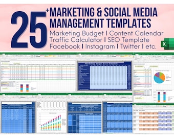 25+ Marketing & Social Media Management Templates ǀ Marketing Budget ǀ Content Calendar ǀ Traffic Calculator ǀ SEO (Digital Download)