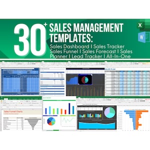 May include: A collage of 30+ Excel spreadsheet templates for sales management. The templates include a sales dashboard, sales tracker, sales funnel, sales forecast, sales planner, and lead tracker. The templates are all-in-one and can be used to manage all aspects of sales.