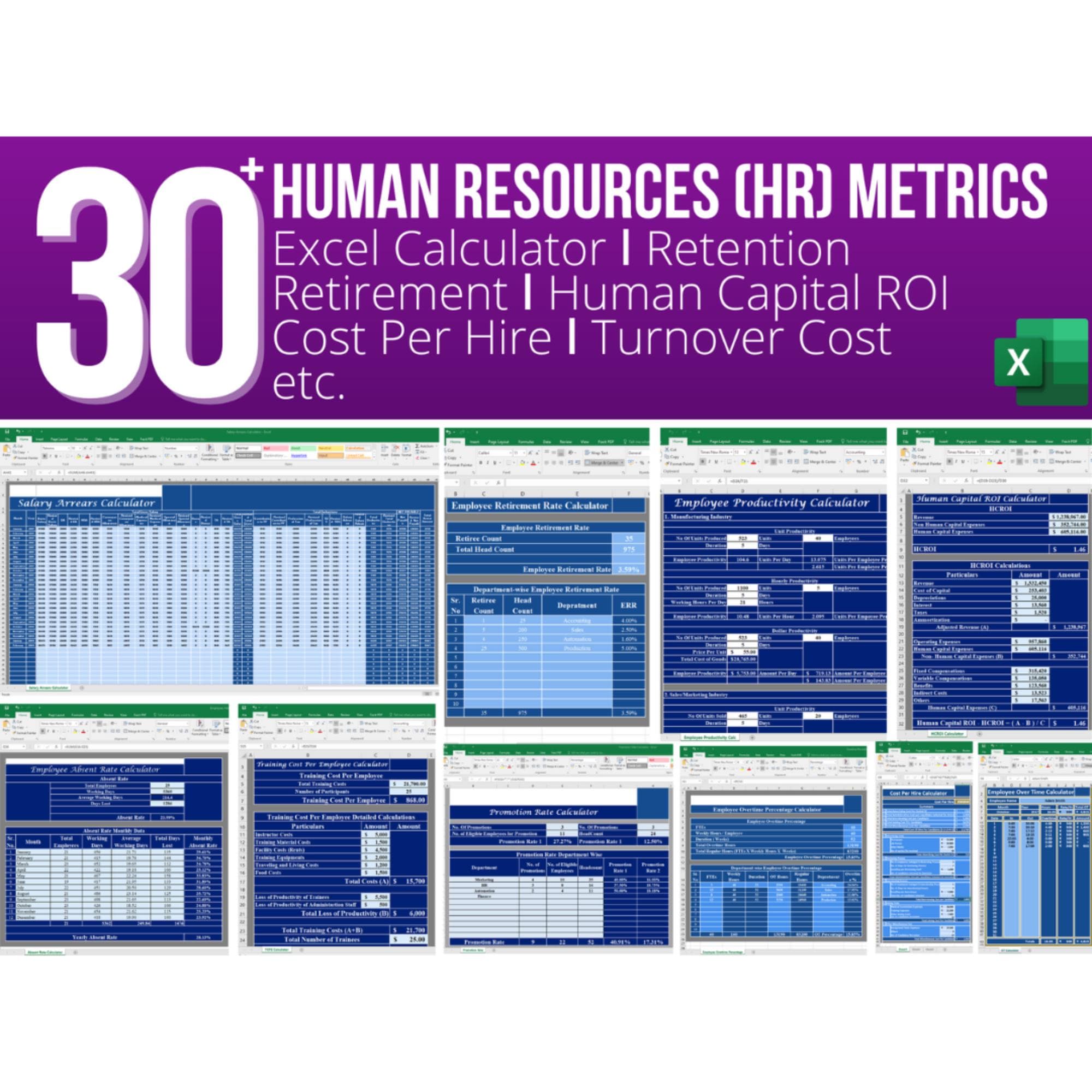 30+ Human Resources (HR) Metrics: Calculator ǀ Human Capital ROI ǀ Cost Per Hire ǀ Turnover Cost ǀ Retention ǀ Retirement ǀ etc.