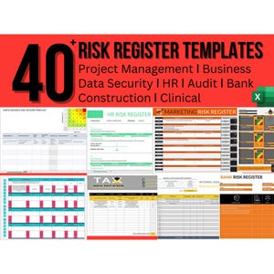 May include: A collage of 40+ risk register templates for project management, business, data security, HR, audit, banking, construction, and clinical. The templates are in various colours and include tables and charts.
